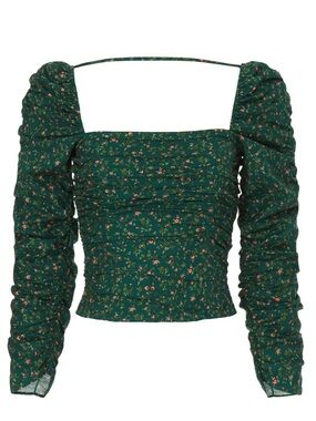 Reformation Joi Top Dark Green Floral Square-Neck Ruched Long Sleeve